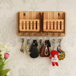 Elegant Wooden Wall Mounted Key Holder, Mobile Organizer (7 Hooks)