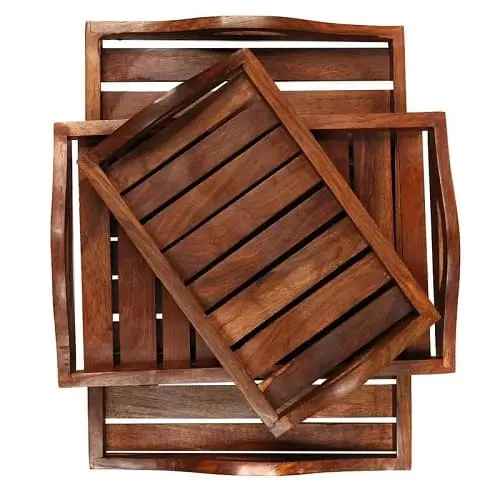 Rosewood Wooden Tray with handles, Serving Platters Round Set of 3 1 Rosewood wooden tray with handles