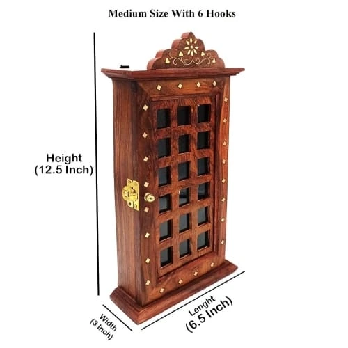 Sheesham Wooden Craft Key Box for Wall (12 x 6.5) Inch, Brown 3 Wooden 6 Hooks key box for wall