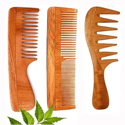 Curly Hair Wooden Comb Set of 3 for Men & Women | Hair fall | Dandruff Control 1 Curly Hair Wooden Comb Set of 3