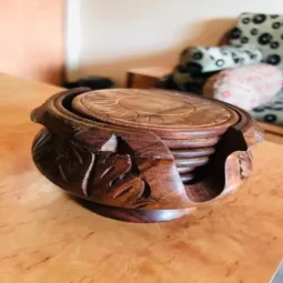 Indian Handmade Wooden Tabletop Coaster Set of 6 with holder