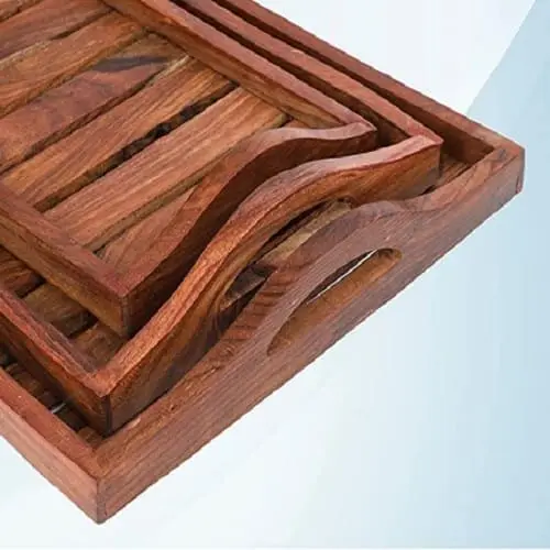 Rosewood Wooden Tray with handles, Serving Platters Round Set of 3 3 Rosewood Wooden Tray