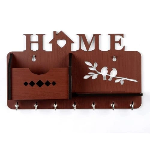 AdWorld Global Wooden Key Stand/Mobile Holder for Wall (7 Hooks, MDF Brown) 2 Wooden key stand with holder