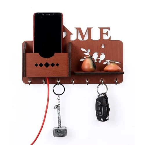 AdWorld Global Wooden Key Stand/Mobile Holder for Wall (7 Hooks, MDF Brown) 3 Wooden handmade MDF Mobile holder