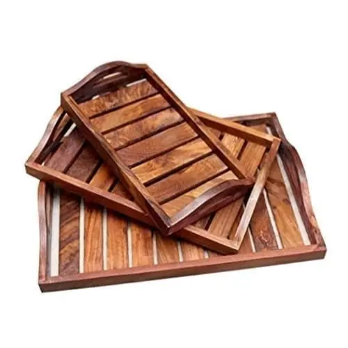 Rosewood Wooden Tray with handles, Serving Platters Round Set of 3 2 Wooden Serving Platters