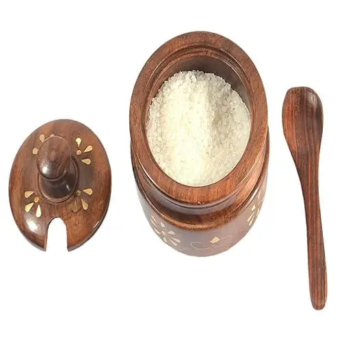 Wooden Spice Jar Pickles/Sugar Pot, Multi Use Containers With Spoon 2 Wooden Sugar Pot