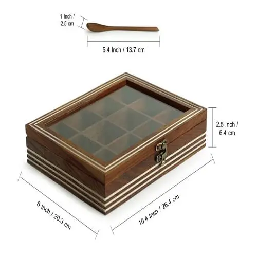 Wooden Spice Box/Masala Container with Spoon (Sheesham Wood, 9 Bays) 5 Wooden Spice Box for Kitchen