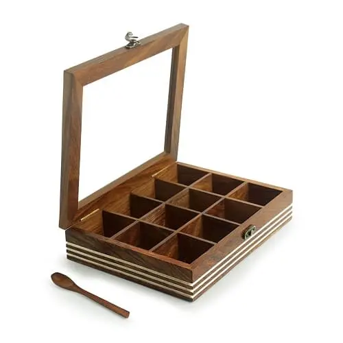 Wooden Spice Box/Masala Container with Spoon (Sheesham Wood, 9 Bays) 4 Rosewood Masala Box