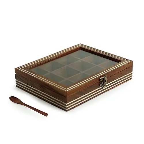 Wooden Spice Box/Masala Container with Spoon (Sheesham Wood, 9 Bays) 2 Wooden Masala Container